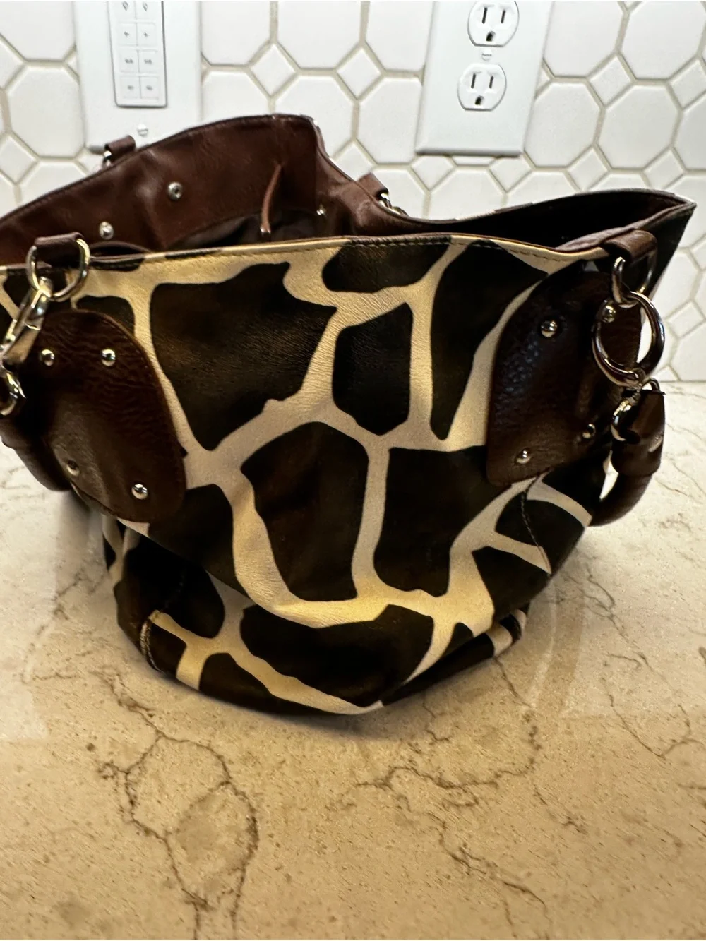Dooney & Bourke Brown and Cream Giraffe-Print Leather Shoulder Bag